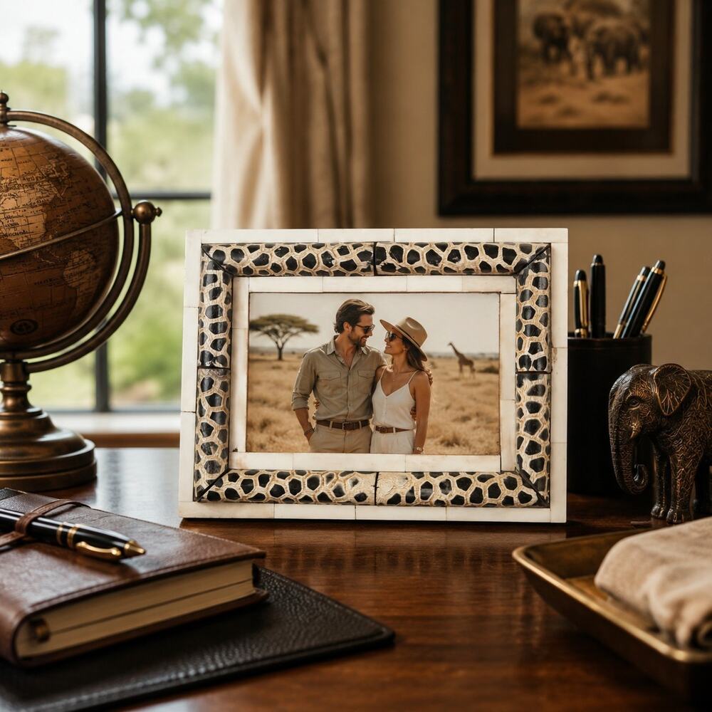 Handcrafted Bone Inlay Picture Frame Giraffe Safari Boho Eclectic Organic 4x6